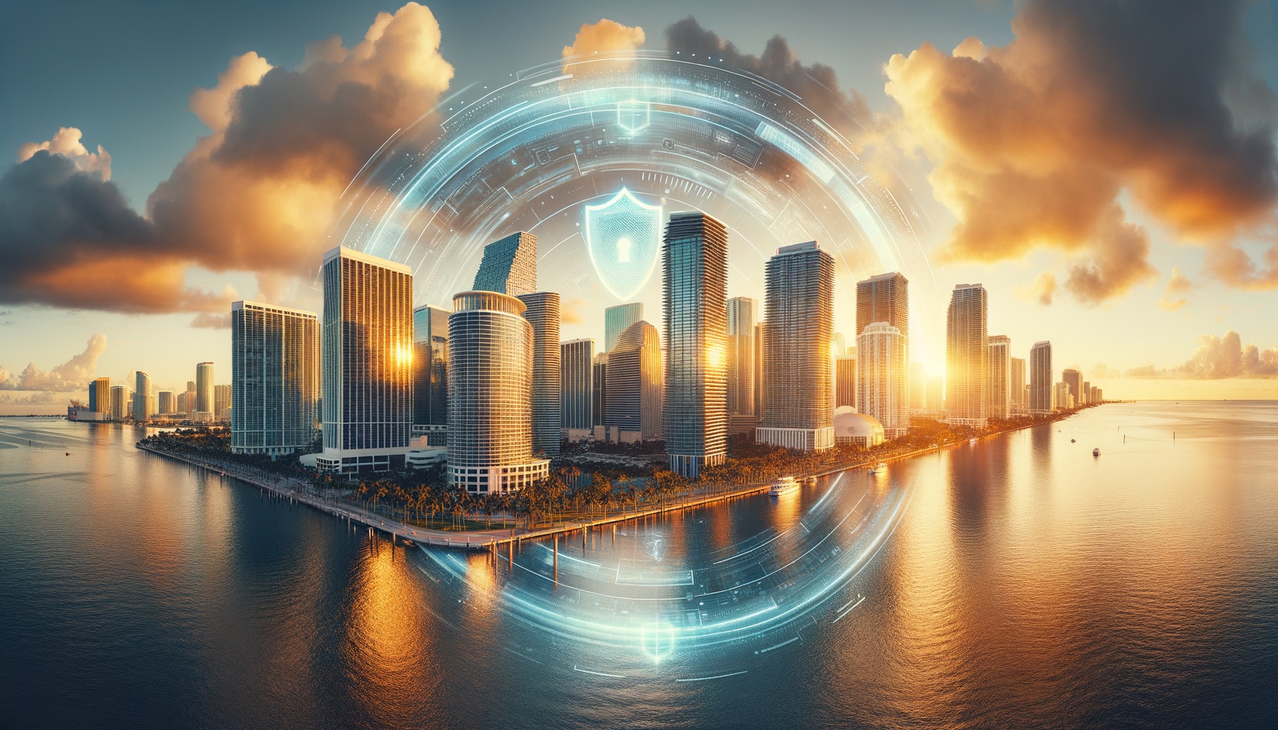 Miami skyline with cybersecurity overlay