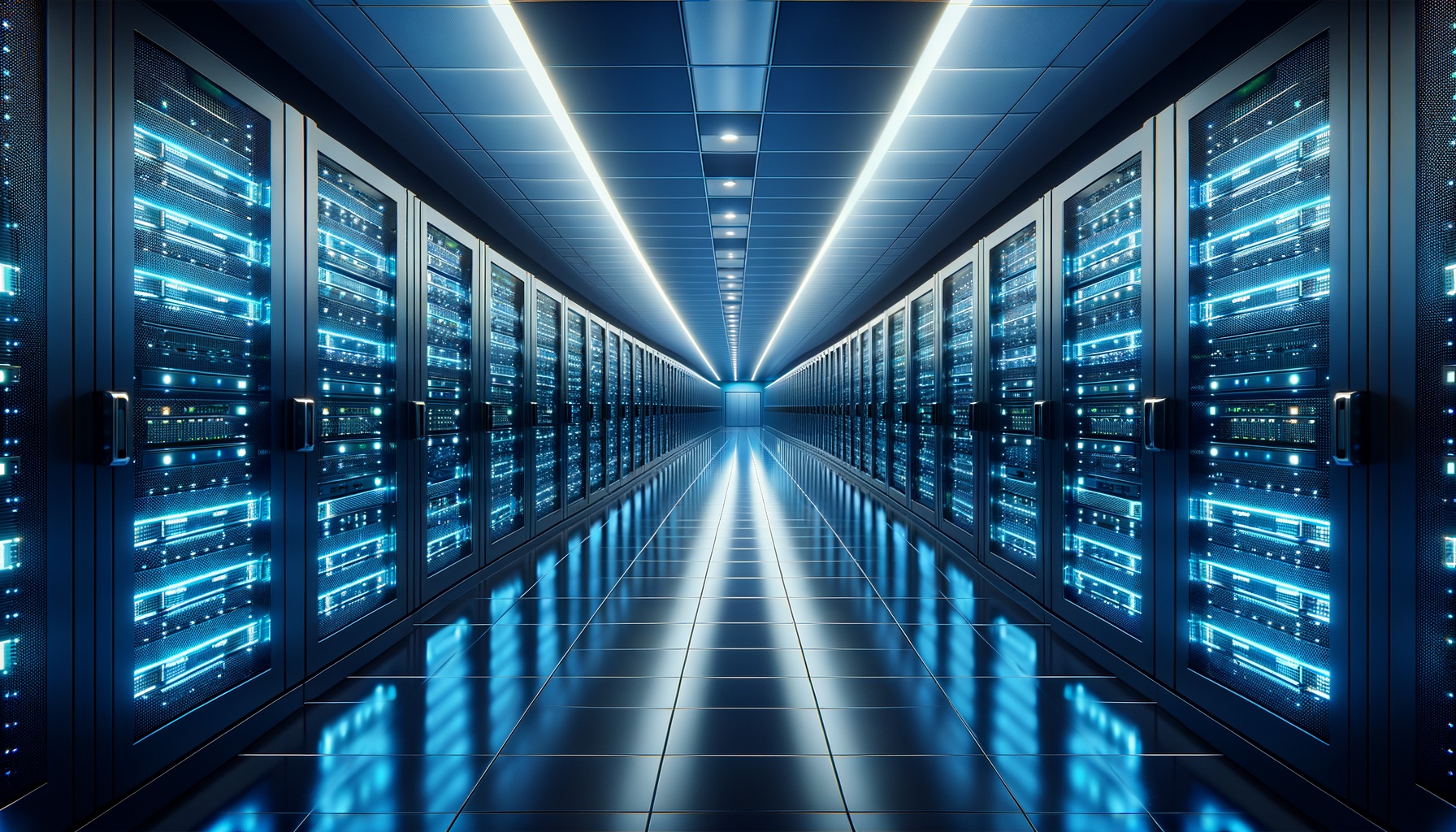 Enterprise data center with rows of secured server racks and network infrastructure